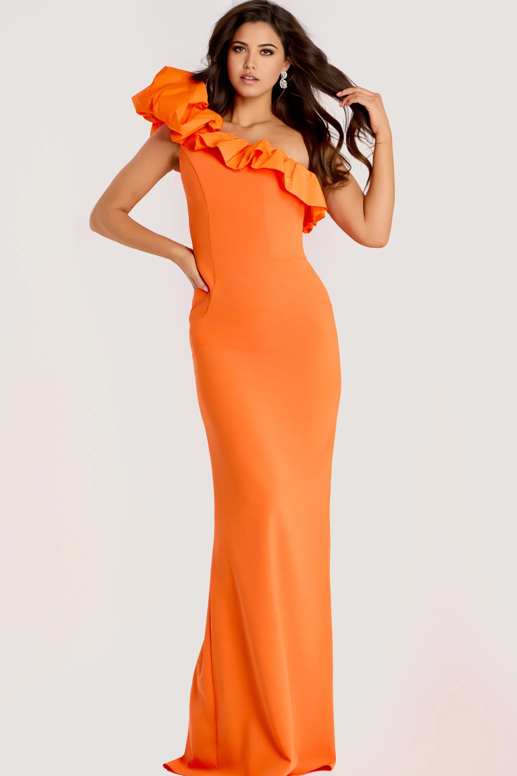 Glamorous Mermaid One-Shoulder Ruffle-Accent Long Length Evening Dresses
