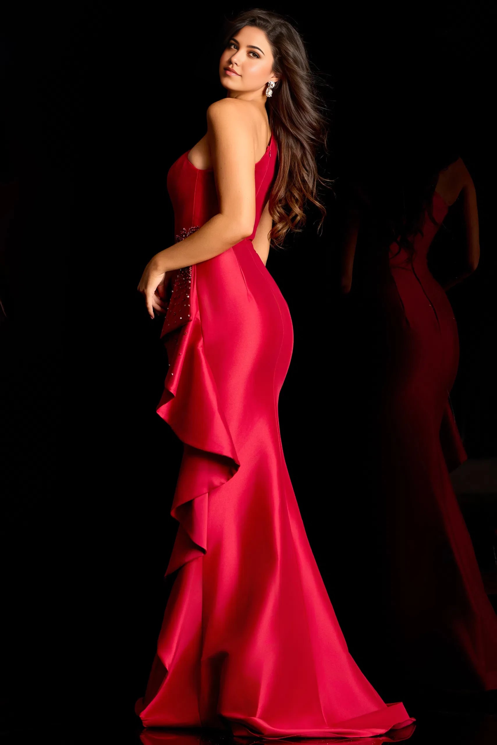 Glamorous Mermaid One-Shoulder Ruffle-Crystal-Accent Satin Long Length Evening Dresses
