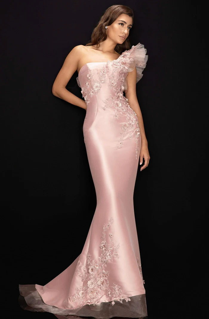 Glamorous Mermaid One-Shoulder Ruffled-Sleeve Open-Back Blush Embroidered-Satin Floor-Length Mother of the Bride Dresses
