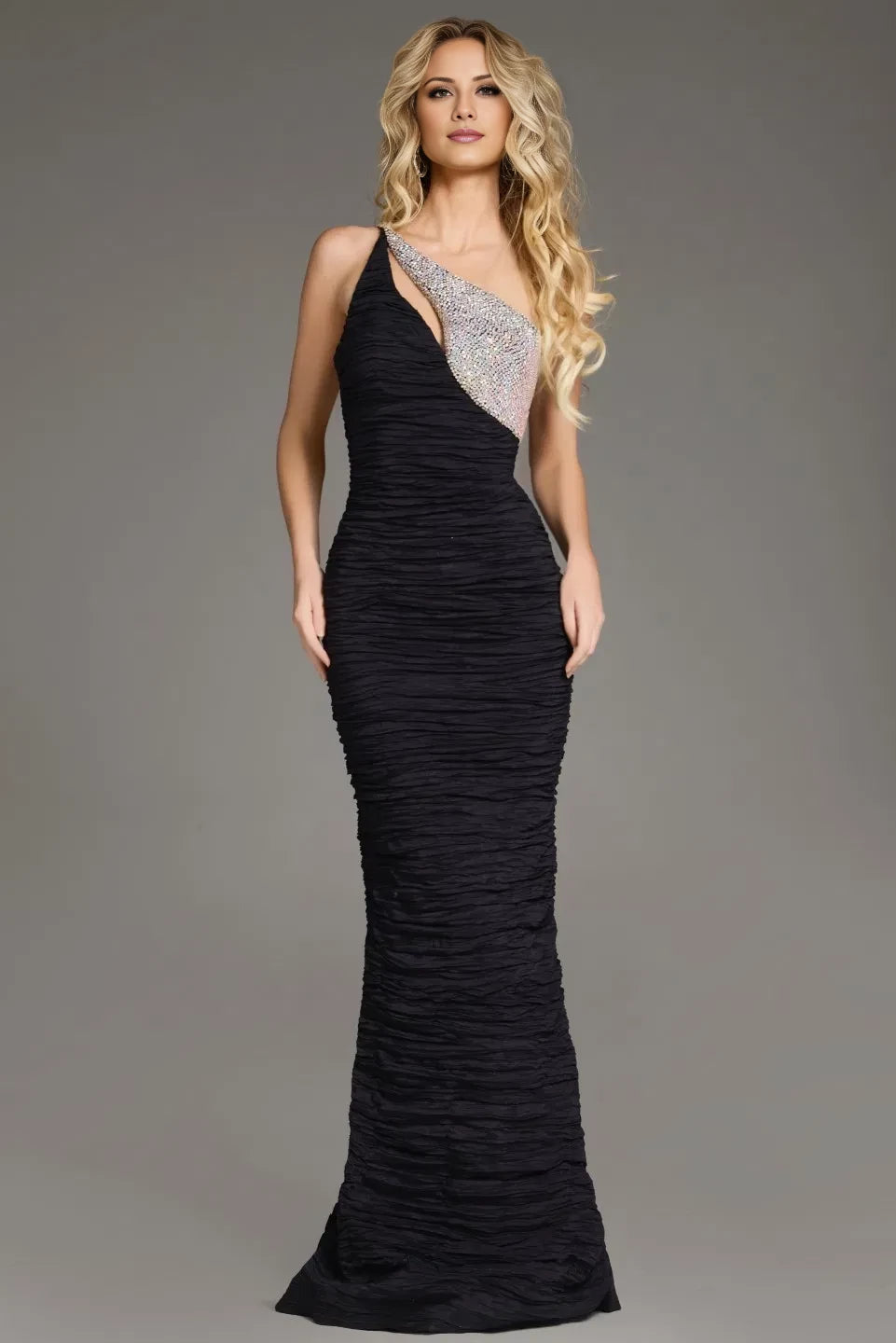 Glamorous Mermaid One-Shoulder Sequin-Accent Open-Back Long Length Evening Dresses