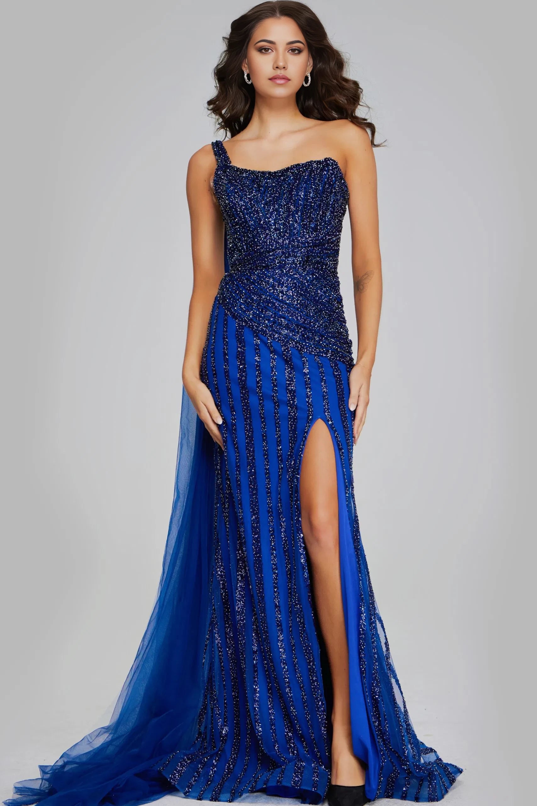 Glamorous Mermaid One-Shoulder Sequin-Striped Cape-Accent High-Slit Open-Back Long Length Evening Dresses