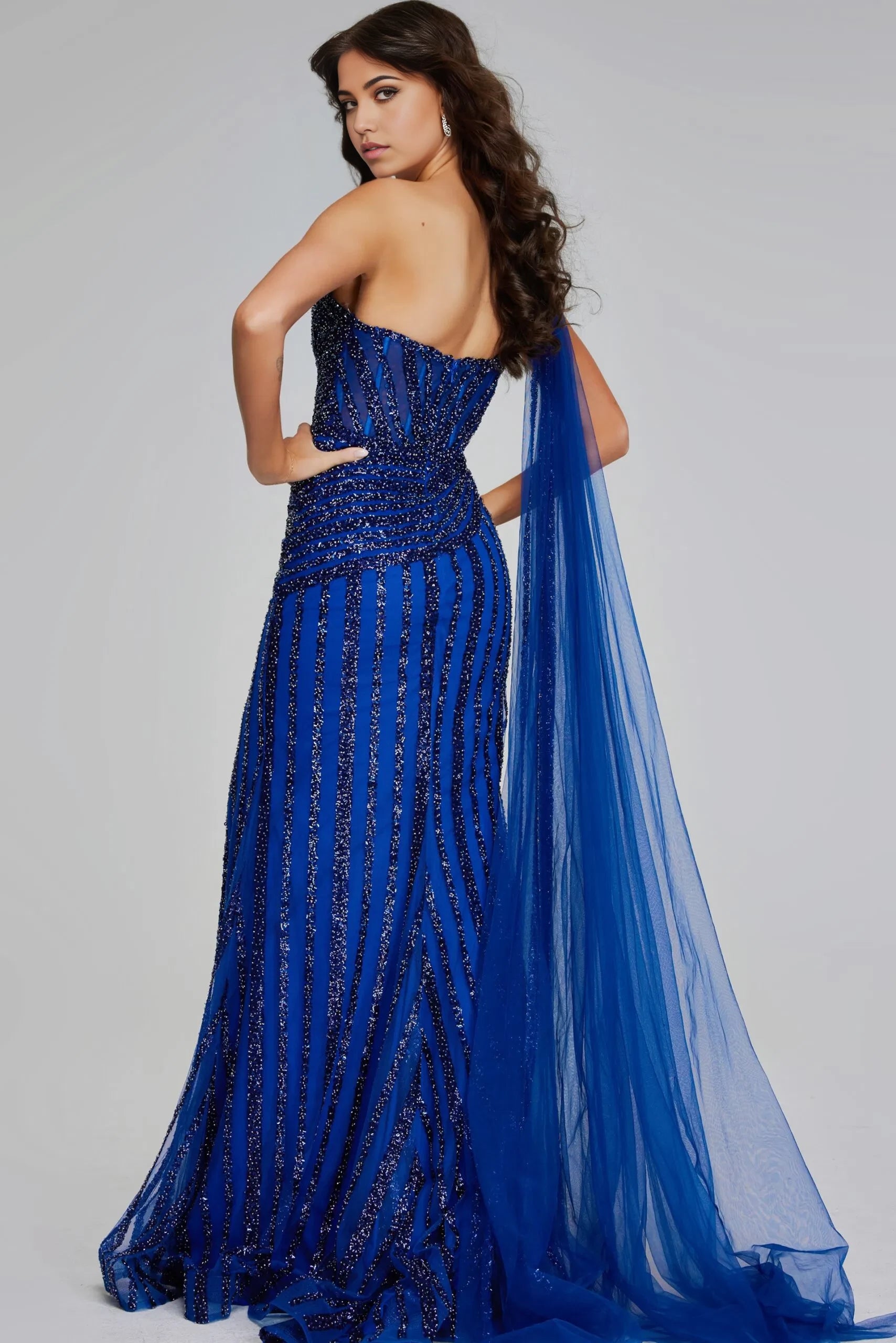 Glamorous Mermaid One-Shoulder Sequin-Striped Cape-Accent High-Slit Open-Back Long Length Evening Dresses
