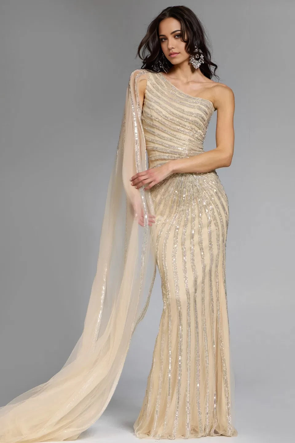 Glamorous Mermaid One-Shoulder Sequin-Striped Cape-Accent Open-Back Long Length Evening Dresses