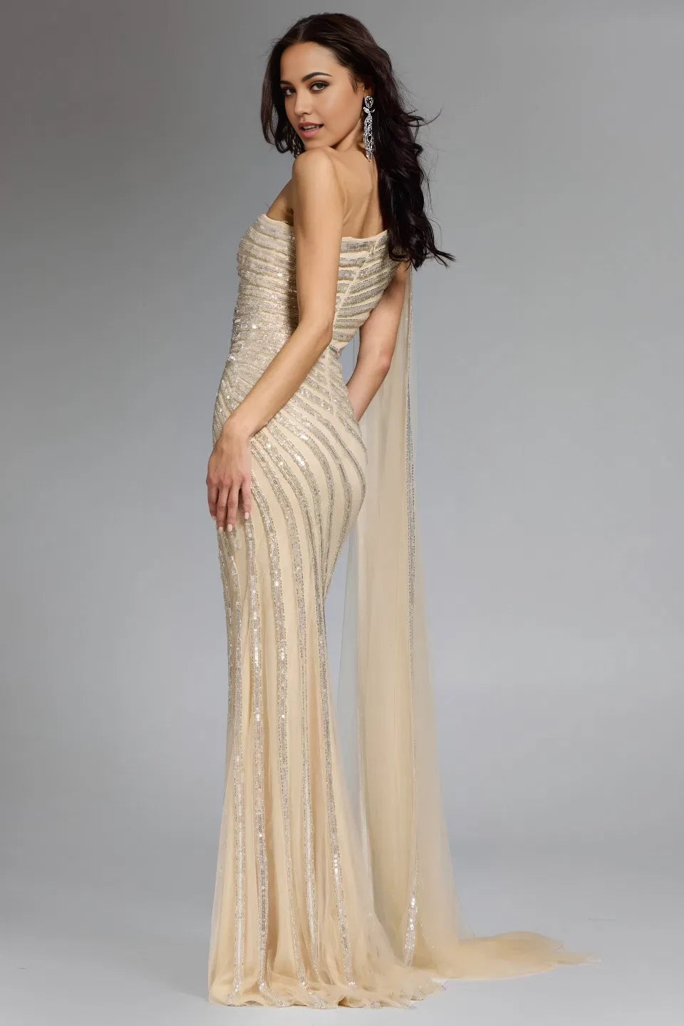 Glamorous Mermaid One-Shoulder Sequin-Striped Cape-Accent Open-Back Long Length Evening Dresses