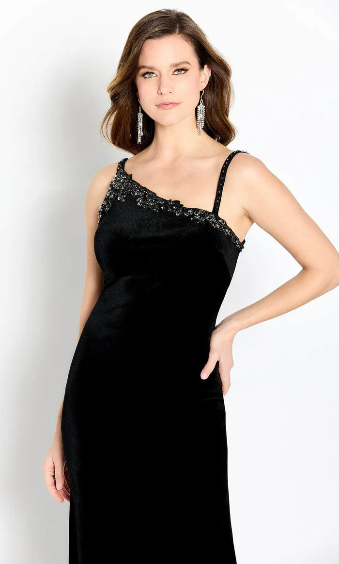 Glamorous Mermaid One-Shoulder Sleeveless Beaded-Trim Black Velvet Floor-Length Mother of the Bride Dresses