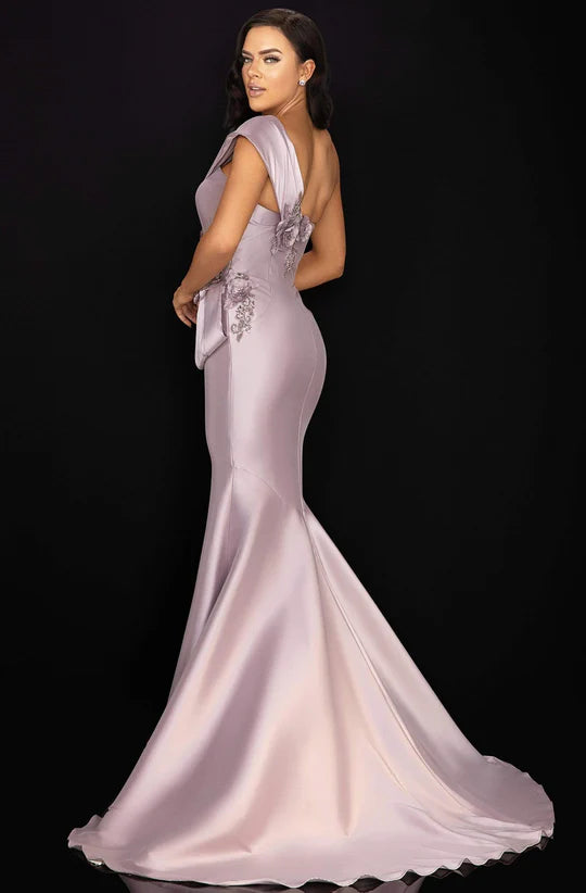 Glamorous Mermaid One-Shoulder Sleeveless Open-Back Dusty Rose Satin Floor-Length Mother of the Bride Dresses