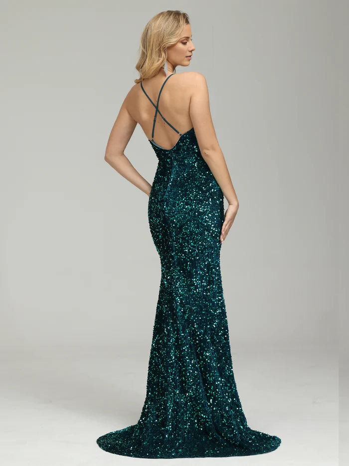 Glamorous Mermaid Plunge Neck Spaghetti Strap Criss - Cross Back Long Length Prom Dresses