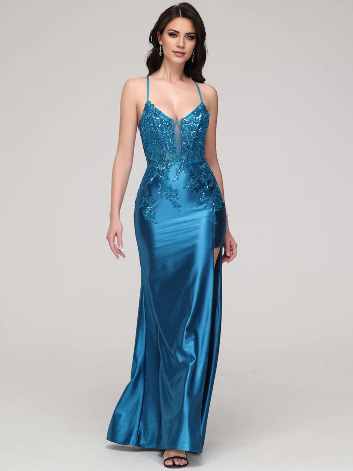 Glamorous Mermaid Plunge Neck Spaghetti Strap Lace - Up Back Long Length Prom Dresses