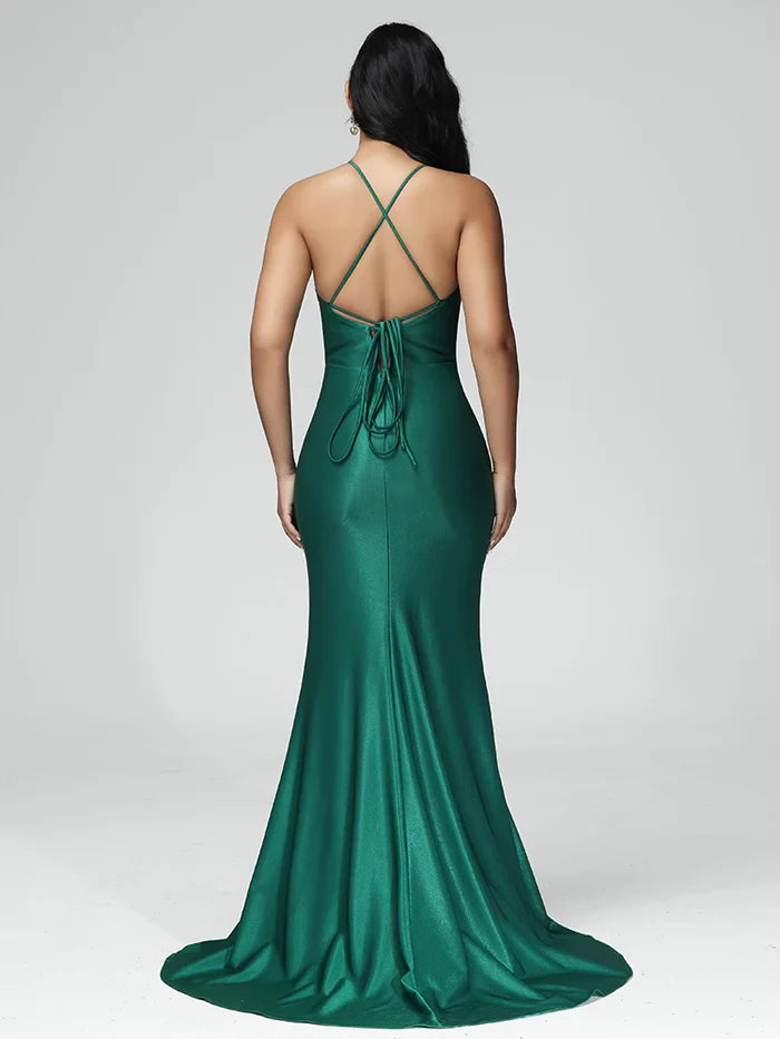 Glamorous Mermaid Plunge Neck Spaghetti Strap Lace - Up Back Long Length Prom Dresses