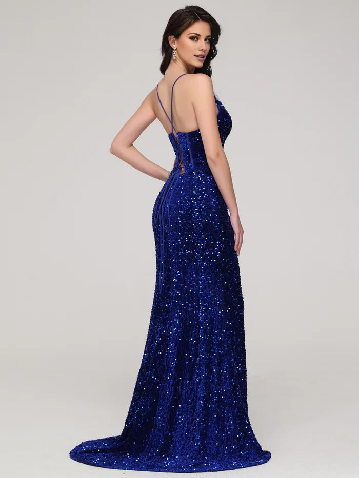 Glamorous Mermaid Plunge Neck Spaghetti Strap Lace - Up Back Long Length Prom Dresses