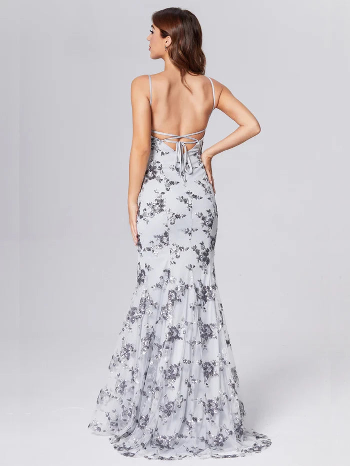 Glamorous Mermaid Plunge Neck Spaghetti Strap Lace - Up Back Long Length Prom Dresses
