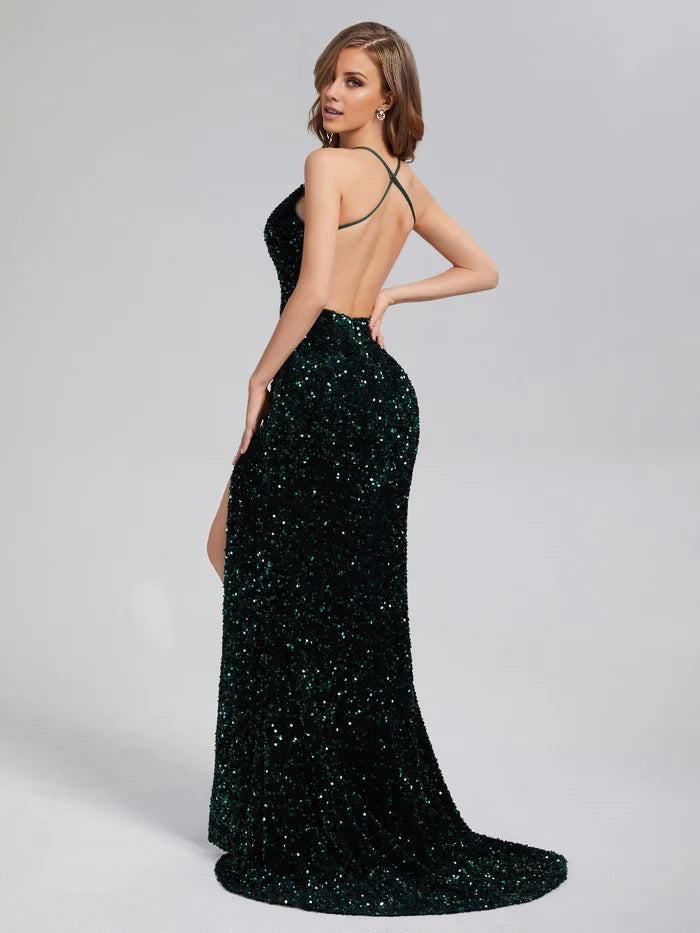 Glamorous Mermaid Plunge Neck Spaghetti Strap Lace - Up Back Long Length Prom Dresses