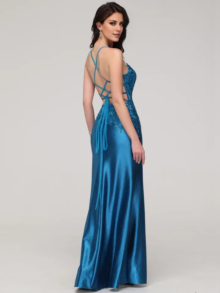 Glamorous Mermaid Plunge Neck Spaghetti Strap Lace - Up Back Long Length Prom Dresses