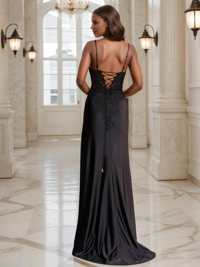 Glamorous Mermaid Plunge Neck Spaghetti Strap Lace - Up Back Long Length Prom Dresses