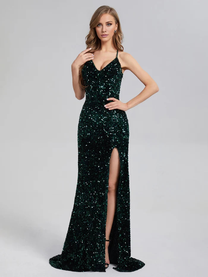 Glamorous Mermaid Plunge Neck Spaghetti Strap Lace - Up Back Long Length Prom Dresses