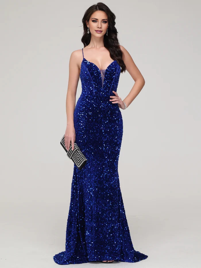 Glamorous Mermaid Plunge Neck Spaghetti Strap Lace - Up Back Long Length Prom Dresses