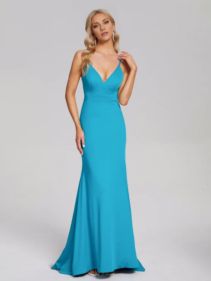 Glamorous Mermaid Plunge Neck Spaghetti Strap Open Back Long Length Prom Dresses