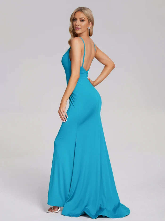 Glamorous Mermaid Plunge Neck Spaghetti Strap Open Back Long Length Prom Dresses