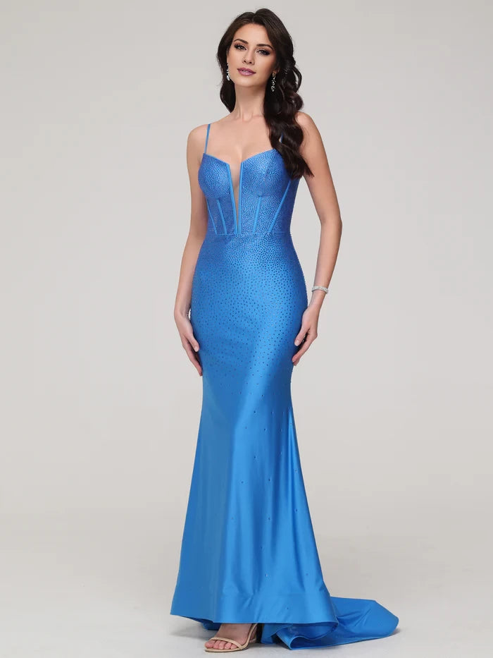 Glamorous Mermaid Plunge Neck Spaghetti Strap Zipper Back Long Length Prom Dresses