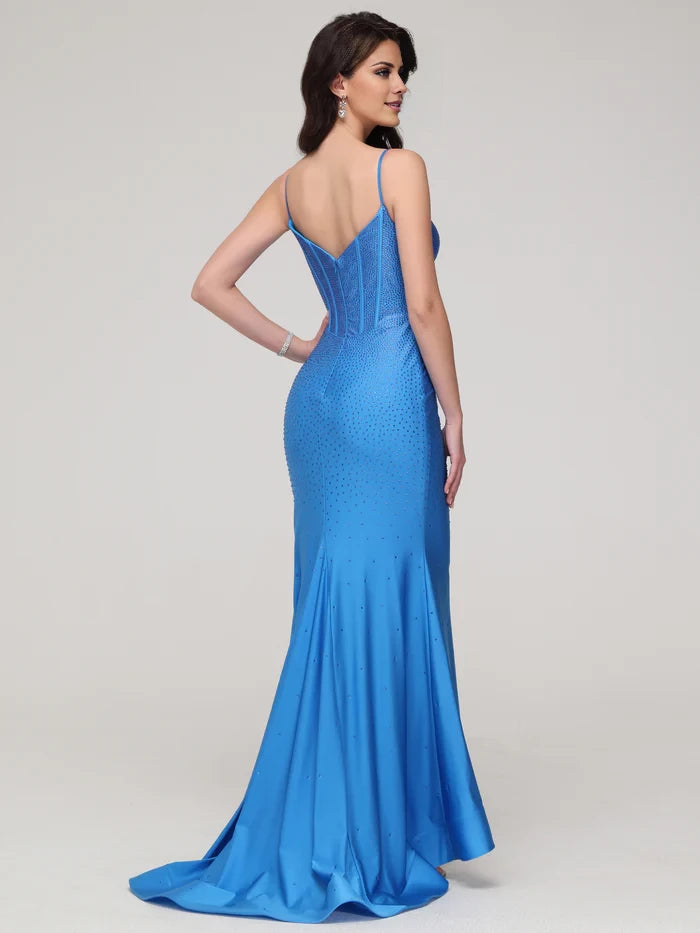 Glamorous Mermaid Plunge Neck Spaghetti Strap Zipper Back Long Length Prom Dresses