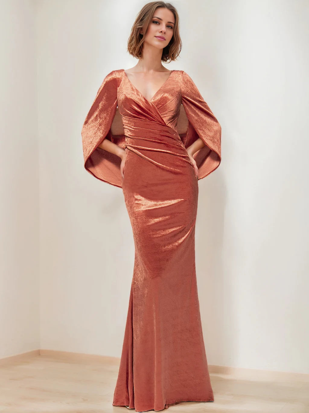 Glamorous Mermaid Plunging V - Neck Cape Sleeve Draped Back Floor - Length Mother of the Bride Dresses