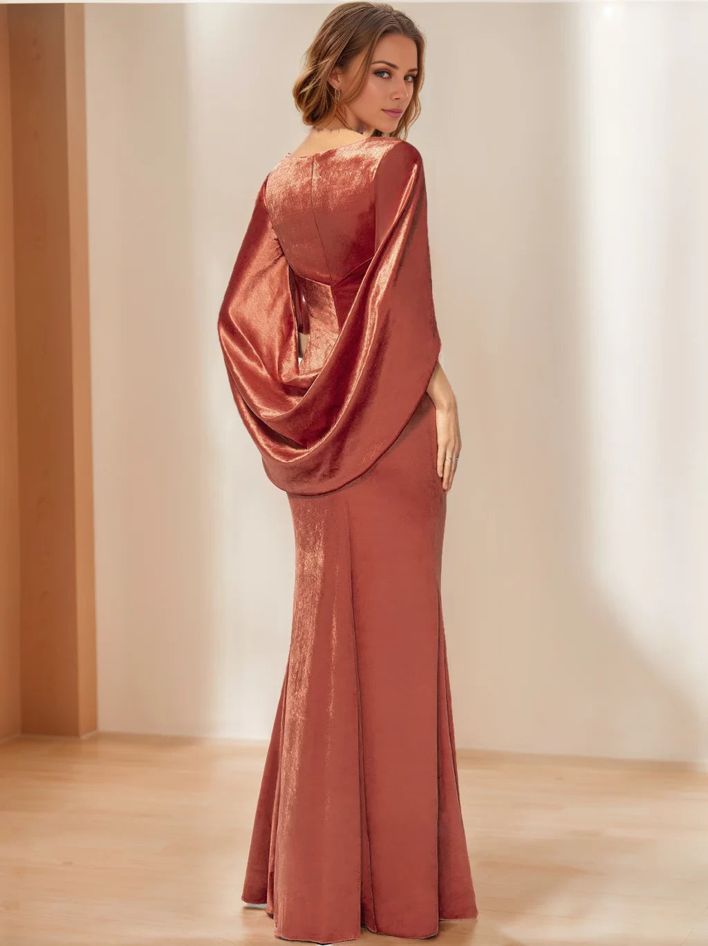 Glamorous Mermaid Plunging V - Neck Cape Sleeve Draped Back Floor - Length Mother of the Bride Dresses