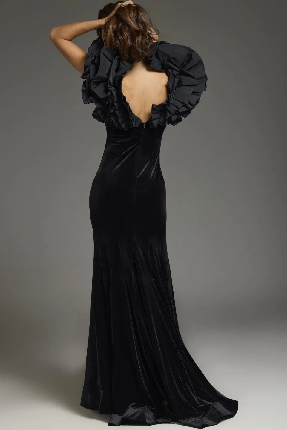 Glamorous Mermaid Plunging-V-Neck Dramatic-Ruffled Open-Back Long Length Evening Dresses