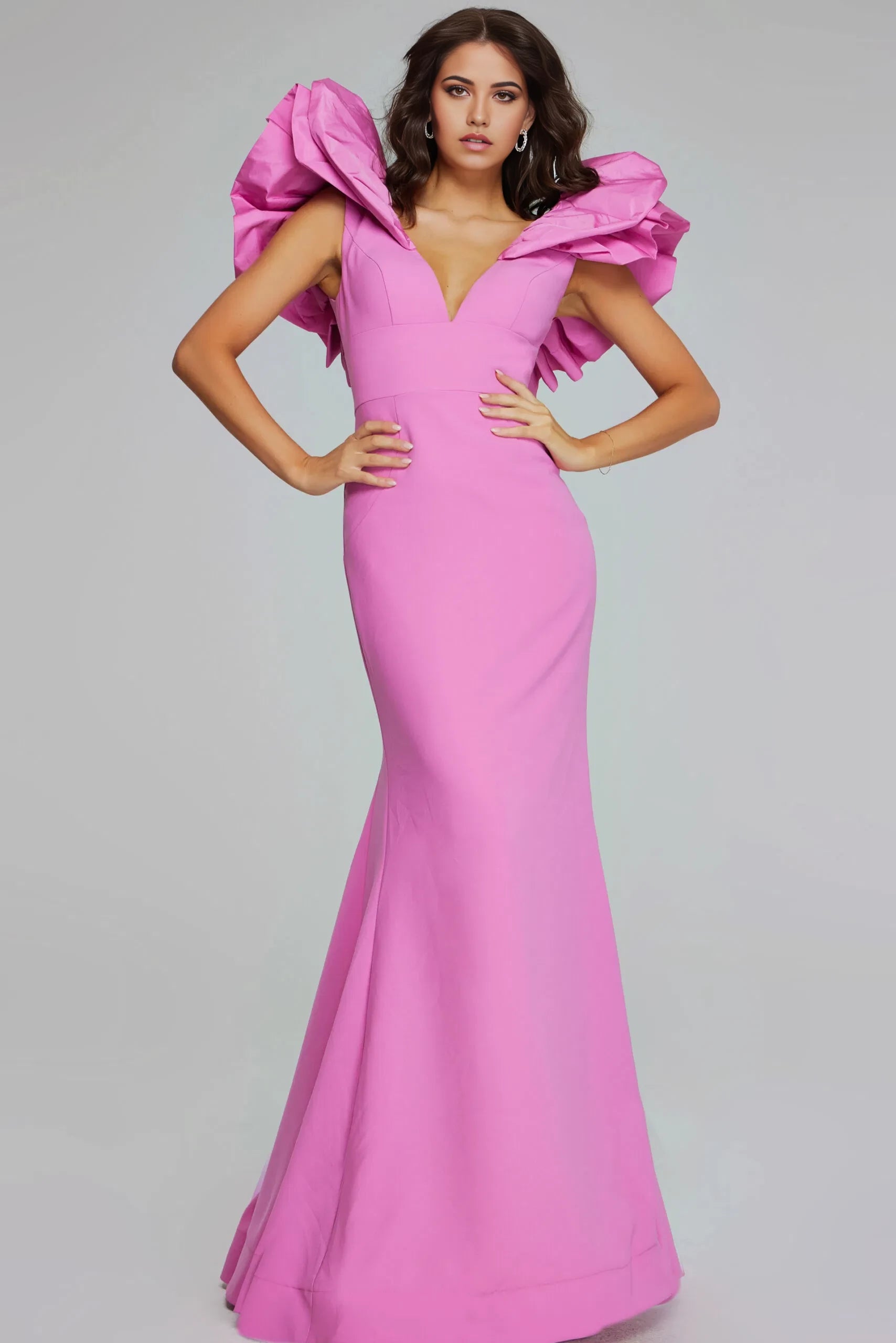 Glamorous Mermaid Plunging-V-Neck Dramatic-Ruffled Open-Back Long Length Evening Dresses