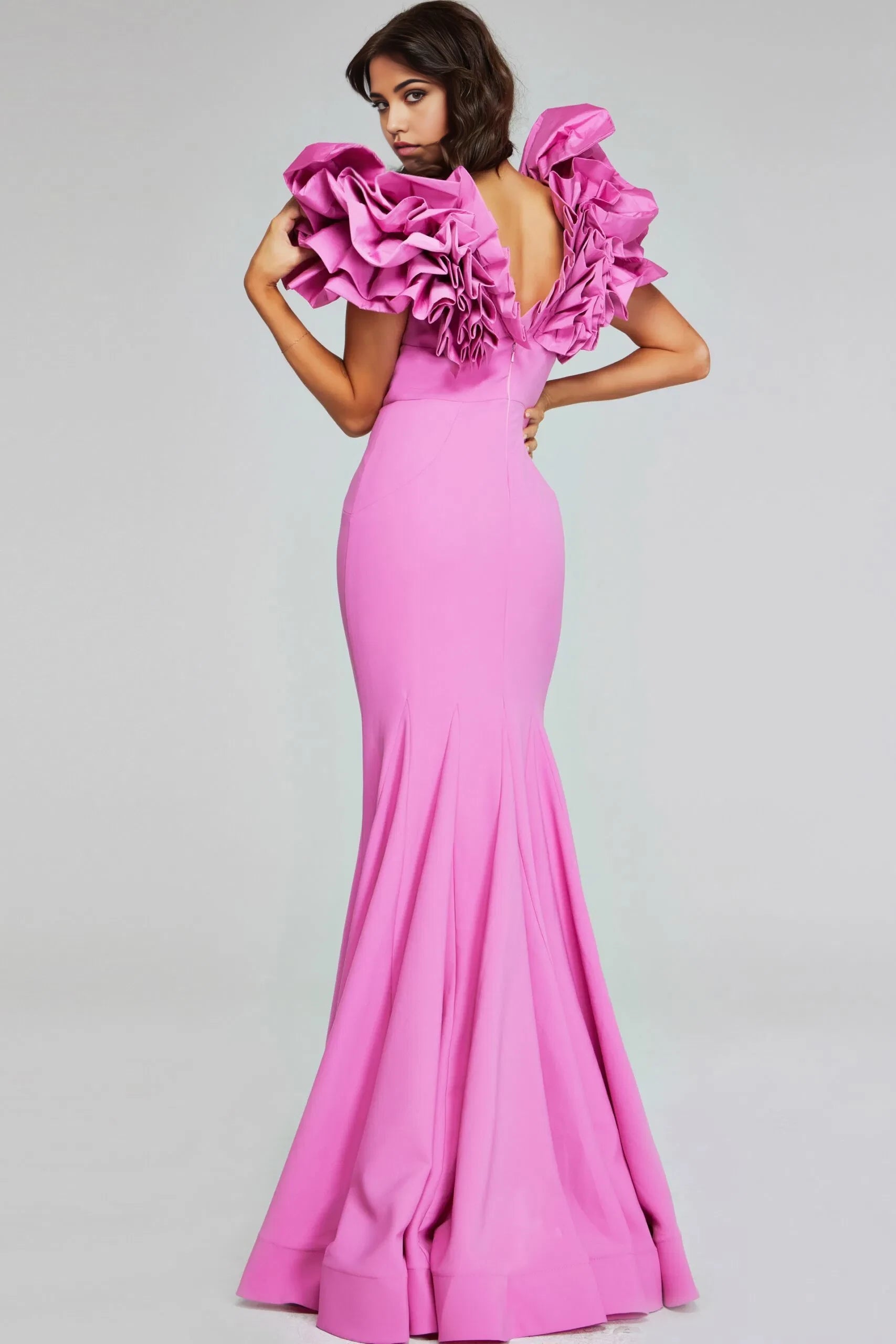 Glamorous Mermaid Plunging-V-Neck Dramatic-Ruffled Open-Back Long Length Evening Dresses
