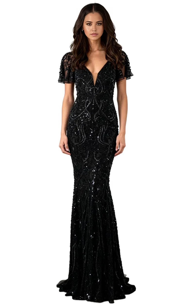 Glamorous Mermaid Plunging-V-Neck Flutter-Sleeve Beaded-Sheer Open-Back Long Length Evening Dresses