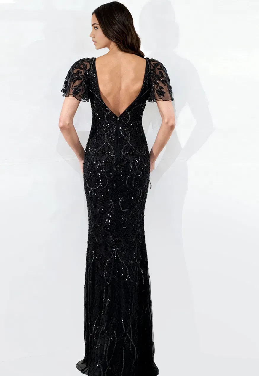 Glamorous Mermaid Plunging-V-Neck Flutter-Sleeve Beaded-Sheer Open-Back Long Length Evening Dresses