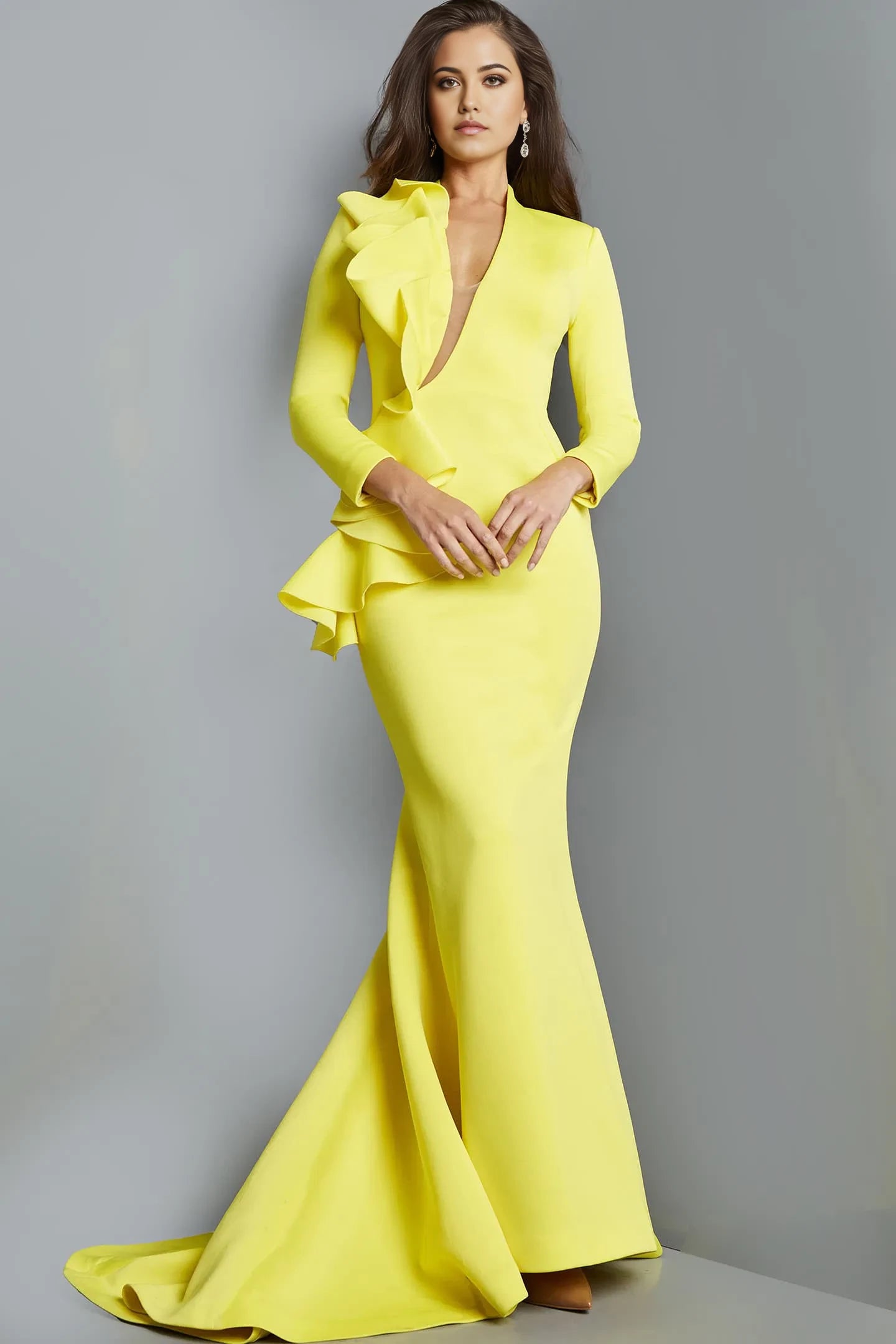 Glamorous Mermaid Plunging-V-Neck Ruffled-Accent Long-Sleeve Long Length Evening Dresses