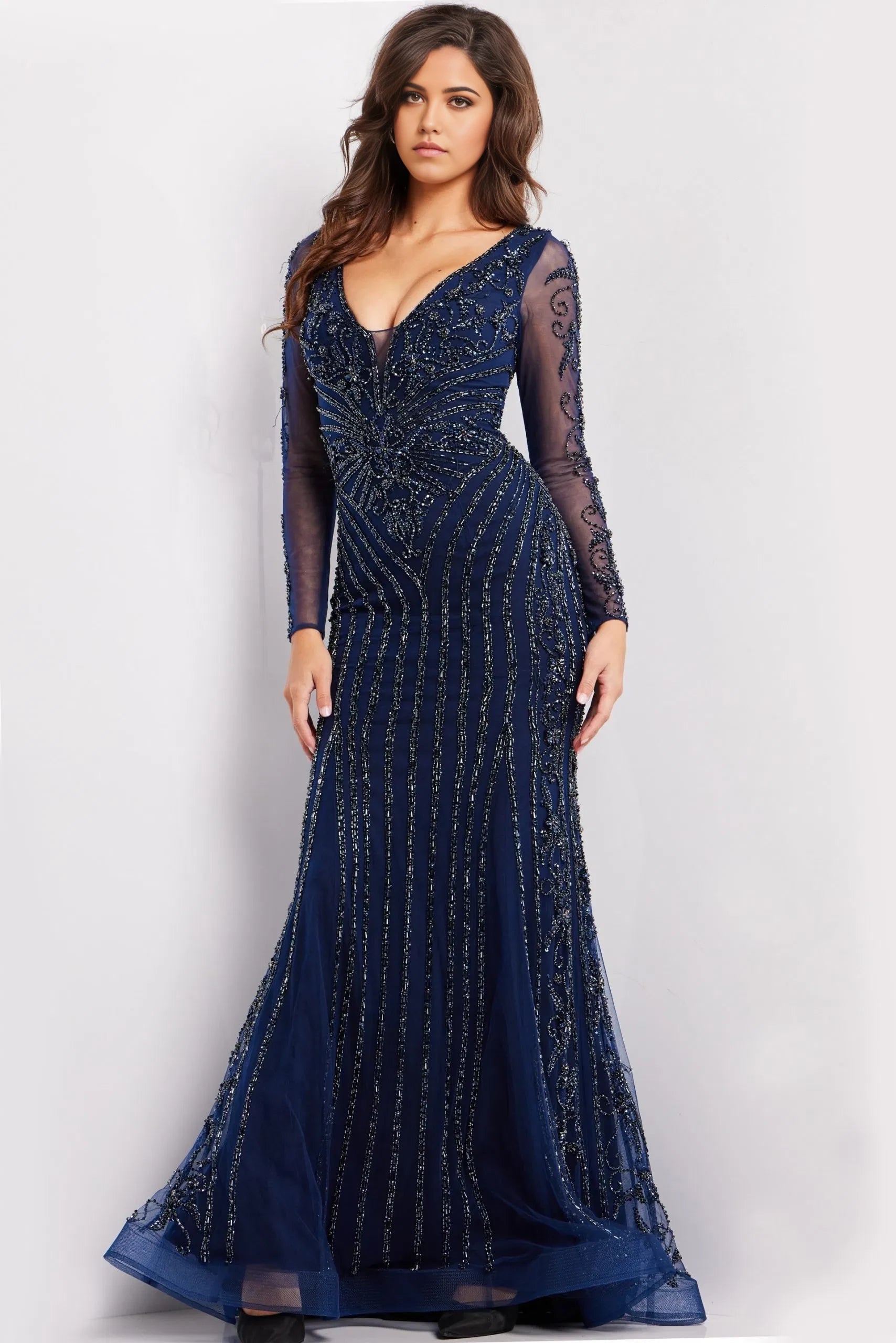 Glamorous Mermaid Plunging-V-Neck Sheer-Sleeve All-Over Beaded Long Length Evening Dresses