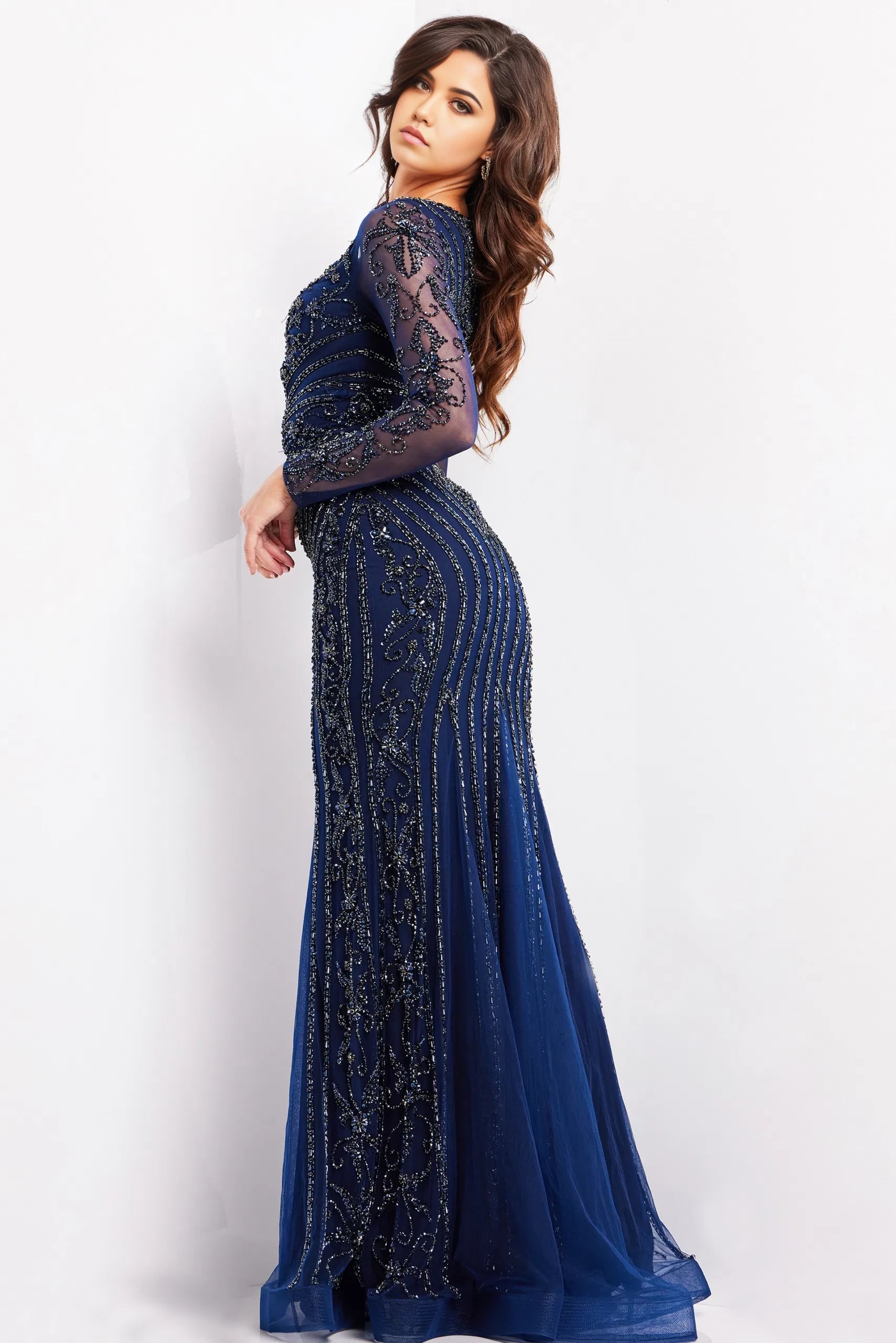 Glamorous Mermaid Plunging-V-Neck Sheer-Sleeve All-Over Beaded Long Length Evening Dresses