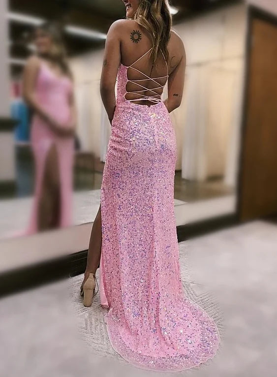 Glamorous Mermaid Plunging V - Neck Sleeveless Criss - Cross Back Floor - Length Evening Gown
