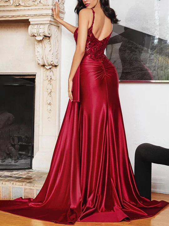 Glamorous Mermaid Plunging V - Neck Sleeveless Open - Back Floor - Length Evening Gown