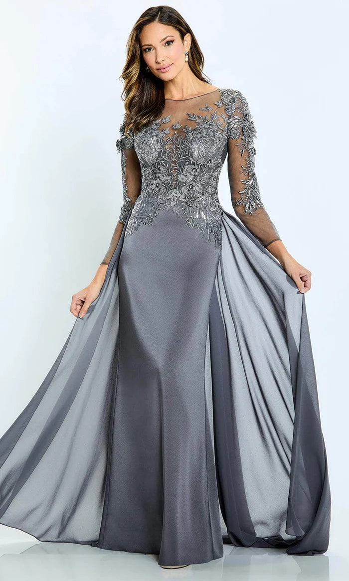 Glamorous Mermaid Scoop-Neck Long-Sleeve Beaded-Embroidery-Sheer-Back Charcoal Chiffon Floor-Length Mother of the Bride Dresses
