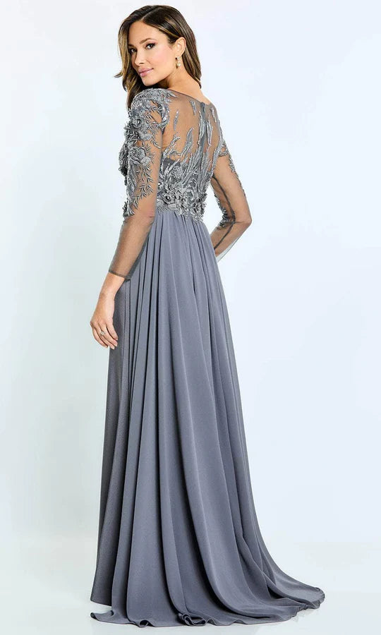 Glamorous Mermaid Scoop-Neck Long-Sleeve Beaded-Embroidery-Sheer-Back Charcoal Chiffon Floor-Length Mother of the Bride Dresses