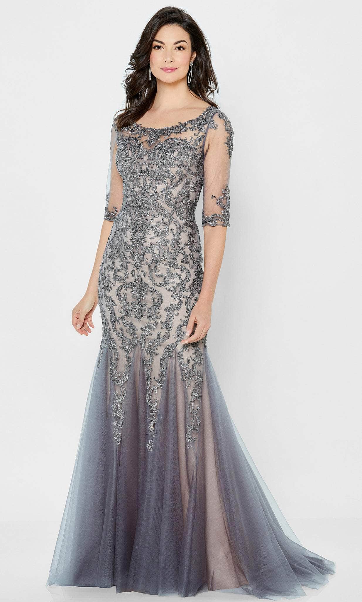 Glamorous Mermaid Scoop-Neck Ombre-Lace-Sheer-Sleeve-Back Dusty Gray Tulle Floor-Length Mother of the Bride Dresses