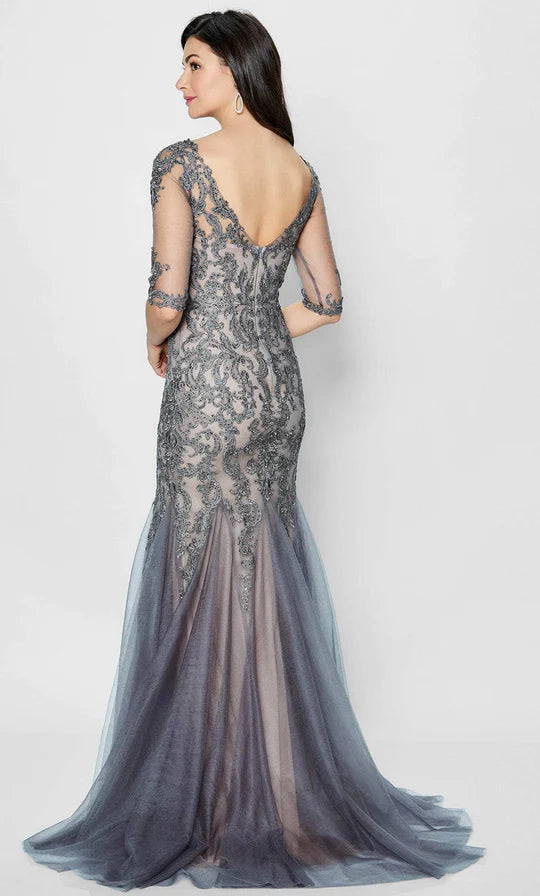 Glamorous Mermaid Scoop-Neck Ombre-Lace-Sheer-Sleeve-Back Dusty Gray Tulle Floor-Length Mother of the Bride Dresses