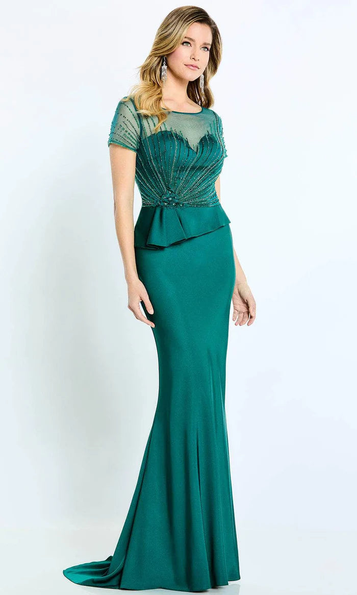 Glamorous Mermaid Scoop-Neck Sheer-Beaded-Peplum-Back Emerald Satin Floor-Length Mother of the Bride Dresses