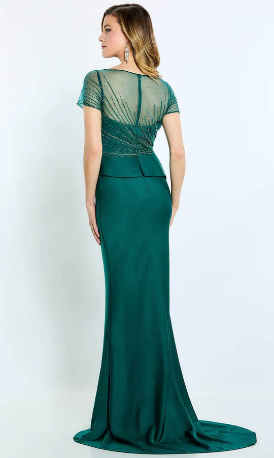 Glamorous Mermaid Scoop-Neck Sheer-Beaded-Peplum-Back Emerald Satin Floor-Length Mother of the Bride Dresses