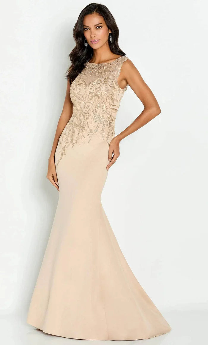 Glamorous Mermaid Scoop-Neck Sleeveless Embroidered-Back Champagne Satin Floor-Length Mother of the Bride Dresses