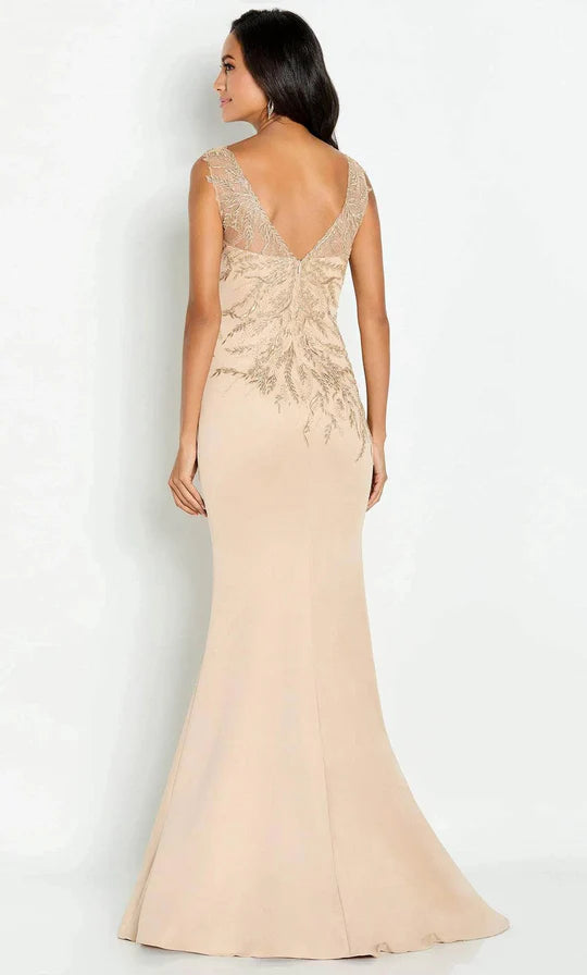 Glamorous Mermaid Scoop-Neck Sleeveless Embroidered-Back Champagne Satin Floor-Length Mother of the Bride Dresses