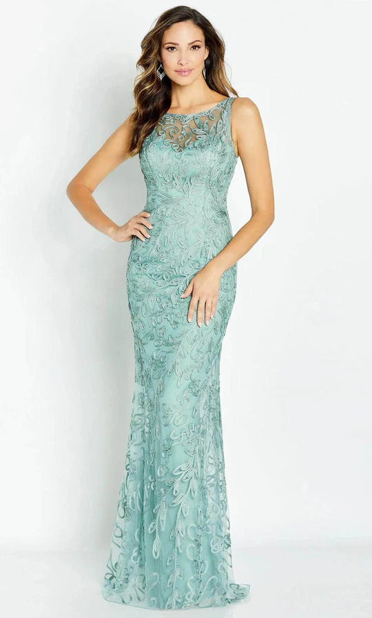 Glamorous Mermaid Scoop-Neck Sleeveless Embroidered-Back Sage Green Tulle Floor-Length Mother of the Bride Dresses