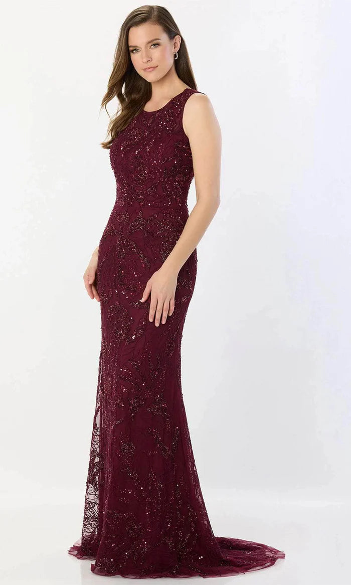 Glamorous Mermaid Scoop-Neck Sleeveless Keyhole-Back Burgundy Beaded-Tulle Floor-Length Mother of the Bride Dresses