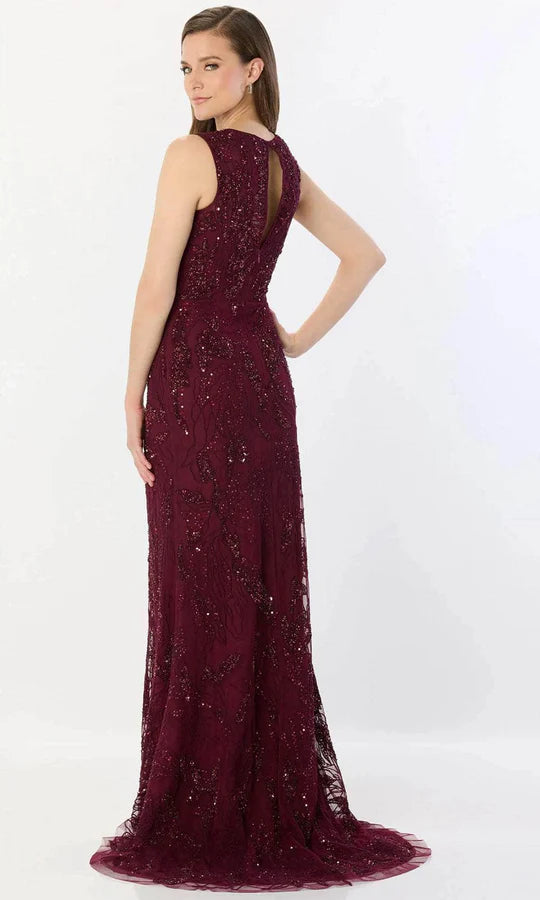 Glamorous Mermaid Scoop-Neck Sleeveless Keyhole-Back Burgundy Beaded-Tulle Floor-Length Mother of the Bride Dresses