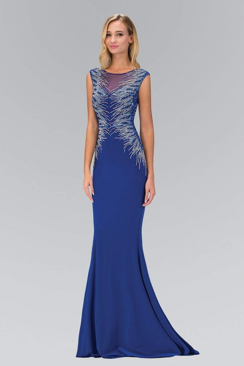 Glamorous Mermaid Scoop-Neck Sleeveless Keyhole-Back Royal Blue Beaded-Satin Floor-Length Mother of the Bride Dresses