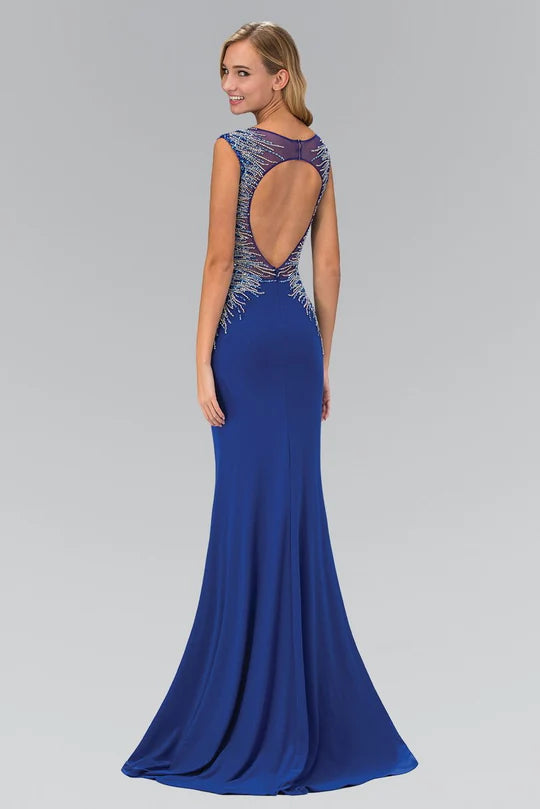 Glamorous Mermaid Scoop-Neck Sleeveless Keyhole-Back Royal Blue Beaded-Satin Floor-Length Mother of the Bride Dresses