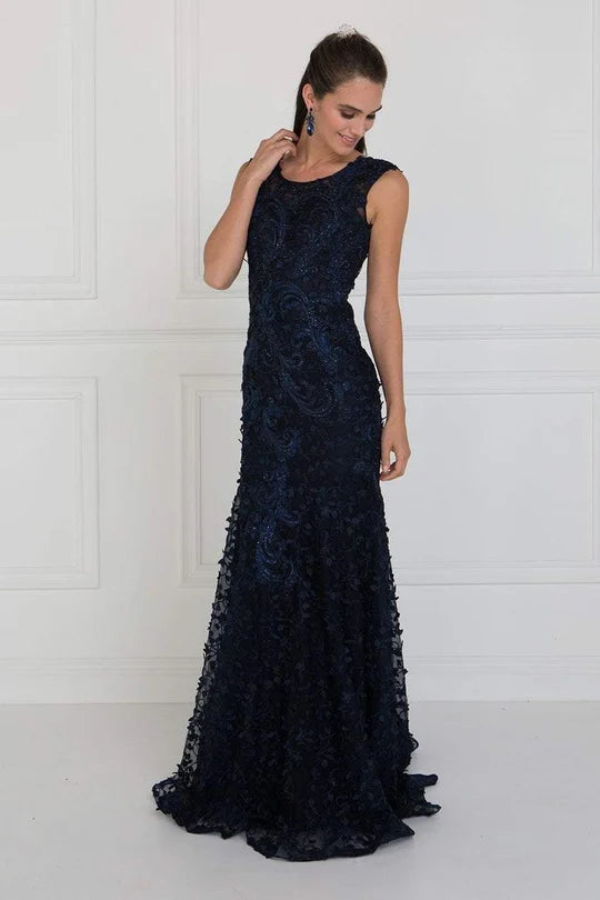 Glamorous Mermaid Scoop-Neck Sleeveless Lace-Back Navy 3D-Embellished Tulle Floor-Length Mother of the Bride Dresses